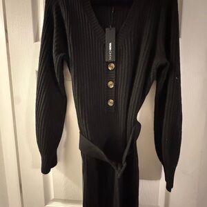 NWT Fashion Nova Analissa Sweater Mini Dress - Black V-Neck Sweater Dress